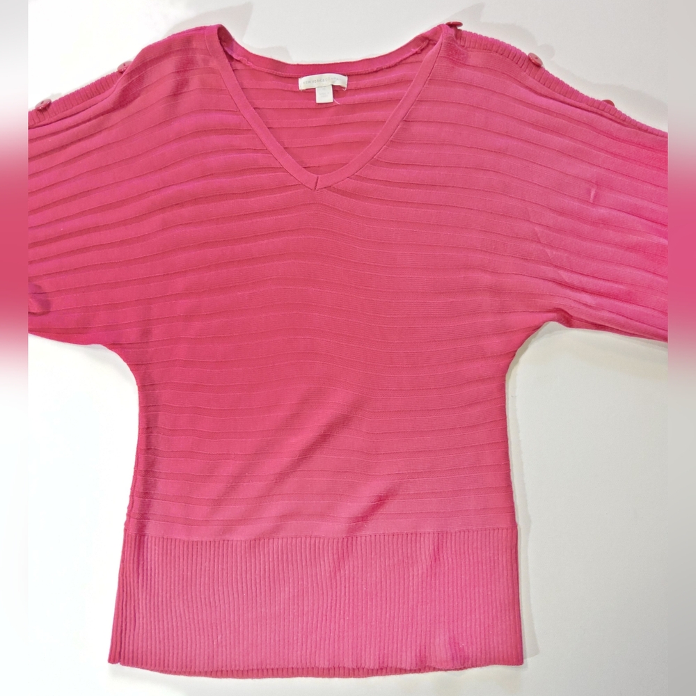 New York & Company Sweater Top Womens XS Hot‎ Pink Batwing Sleeve Button Detail